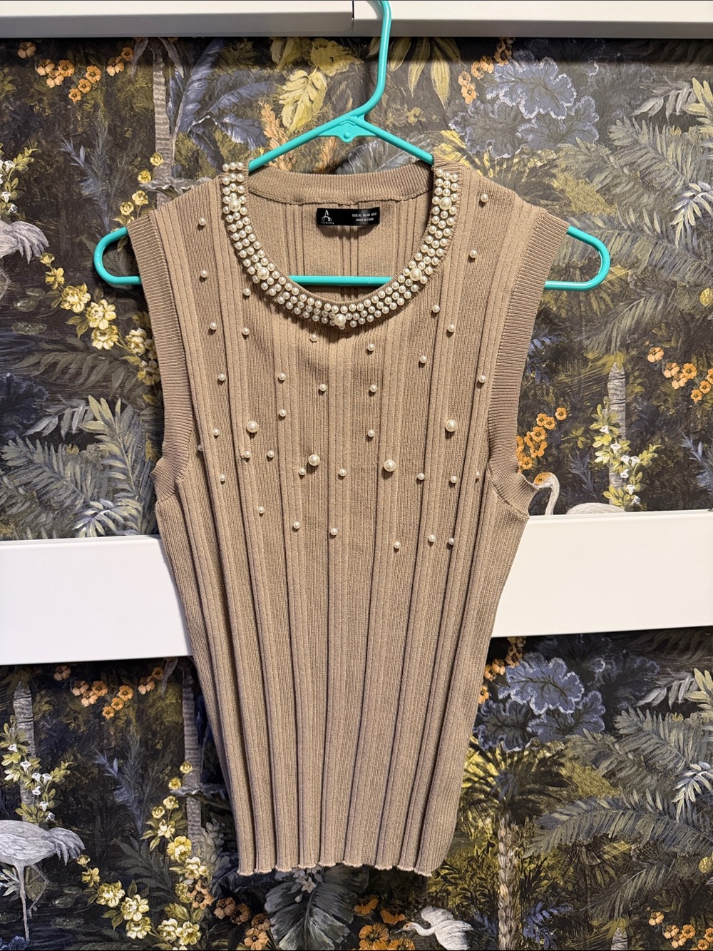 Sleeveless Pearl-Embellished Knit top- Taupe